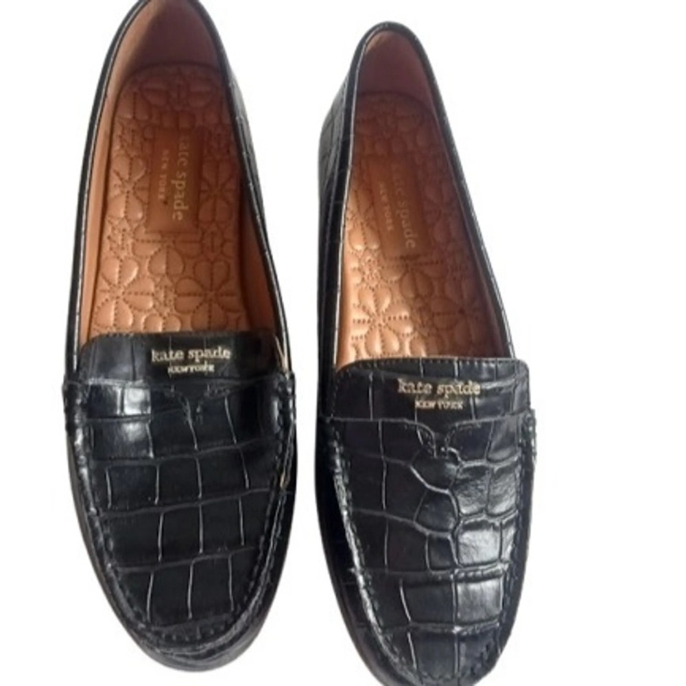 Kate Spade Black Crocodile Embossed Womens Driving Loafers